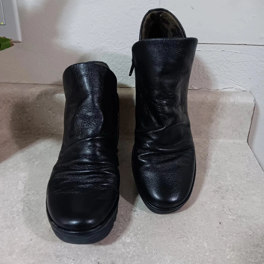 Fly London Black Leather Wedge Booties - Picture 2 of 9